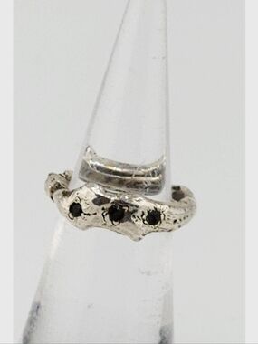 BLACK ZIRCONIA CRYSTAL RING ORGANIC SHAPE HANDMADE STERLING SILVER METAL 4